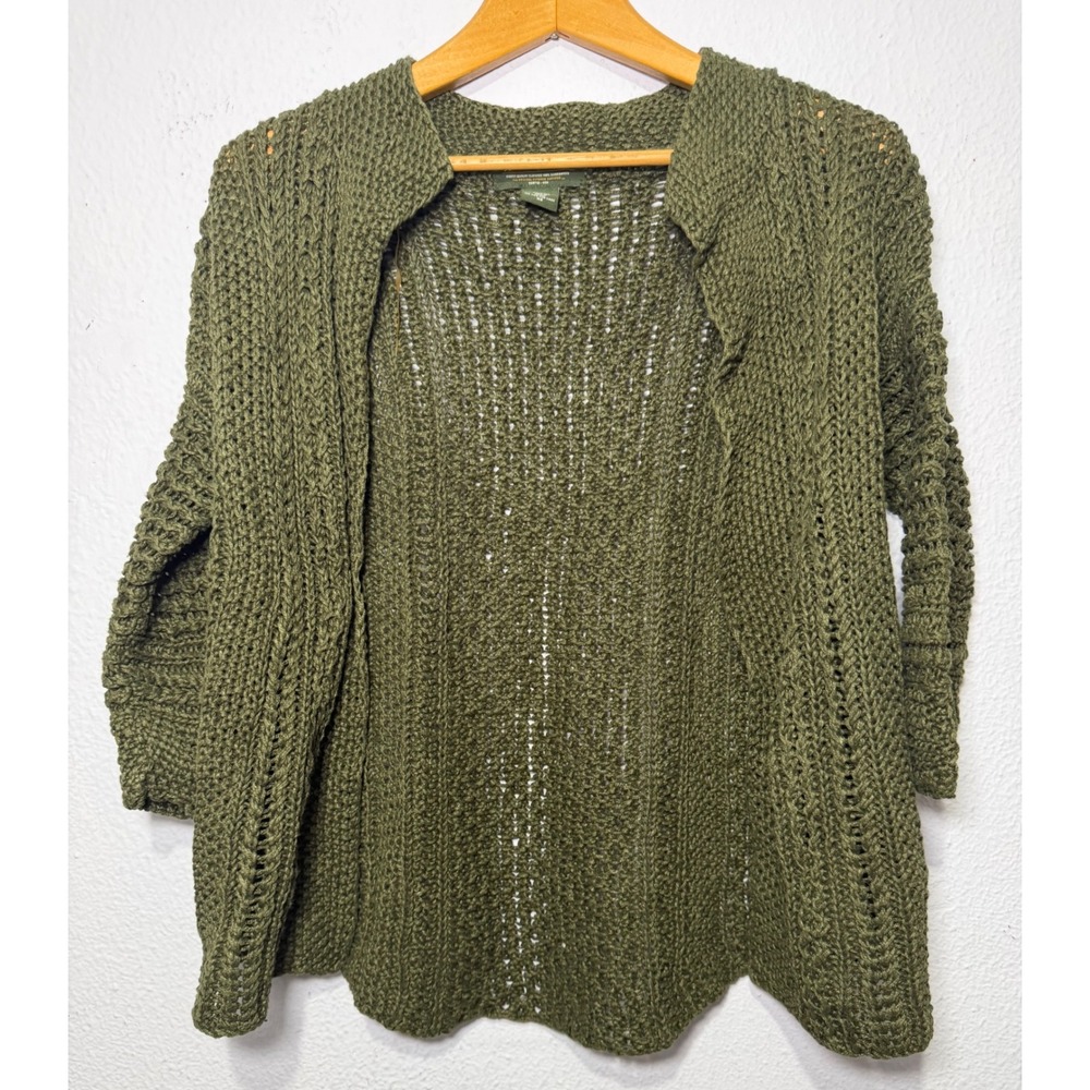 Eddie Bauer Cardigan Women XS Green 100% Linen Open Front Cottagecore Minimalist